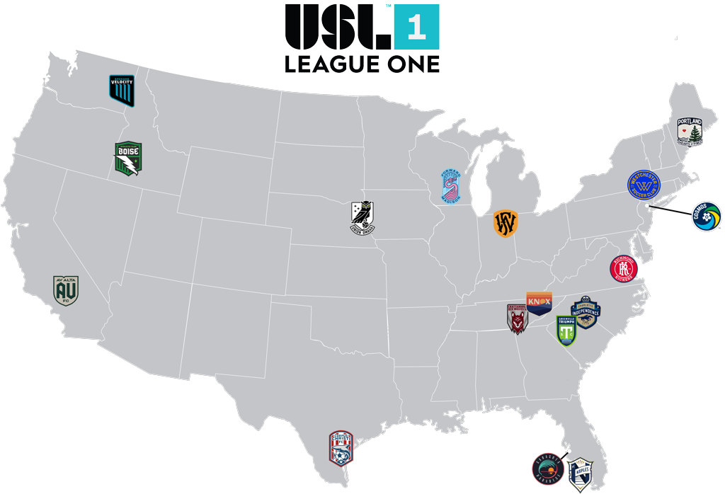 Map of the US showing all 2026 USL League One team crests on their locations