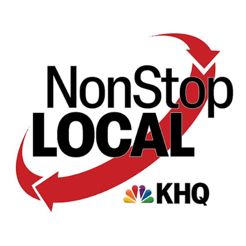 Logo for NonStop Local with a red circular arrow and the NBC KHQ logo.