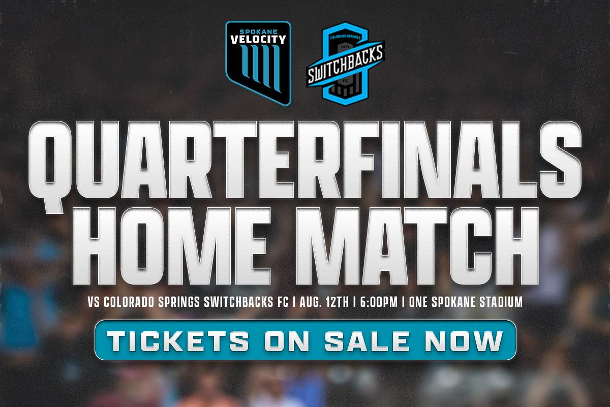 A promotional poster for a soccer match featuring Spokane Velocity vs. Colorado Springs Switchbacks FC. The image highlights the event details including the date, time, and ticket information, with two players celebrating.