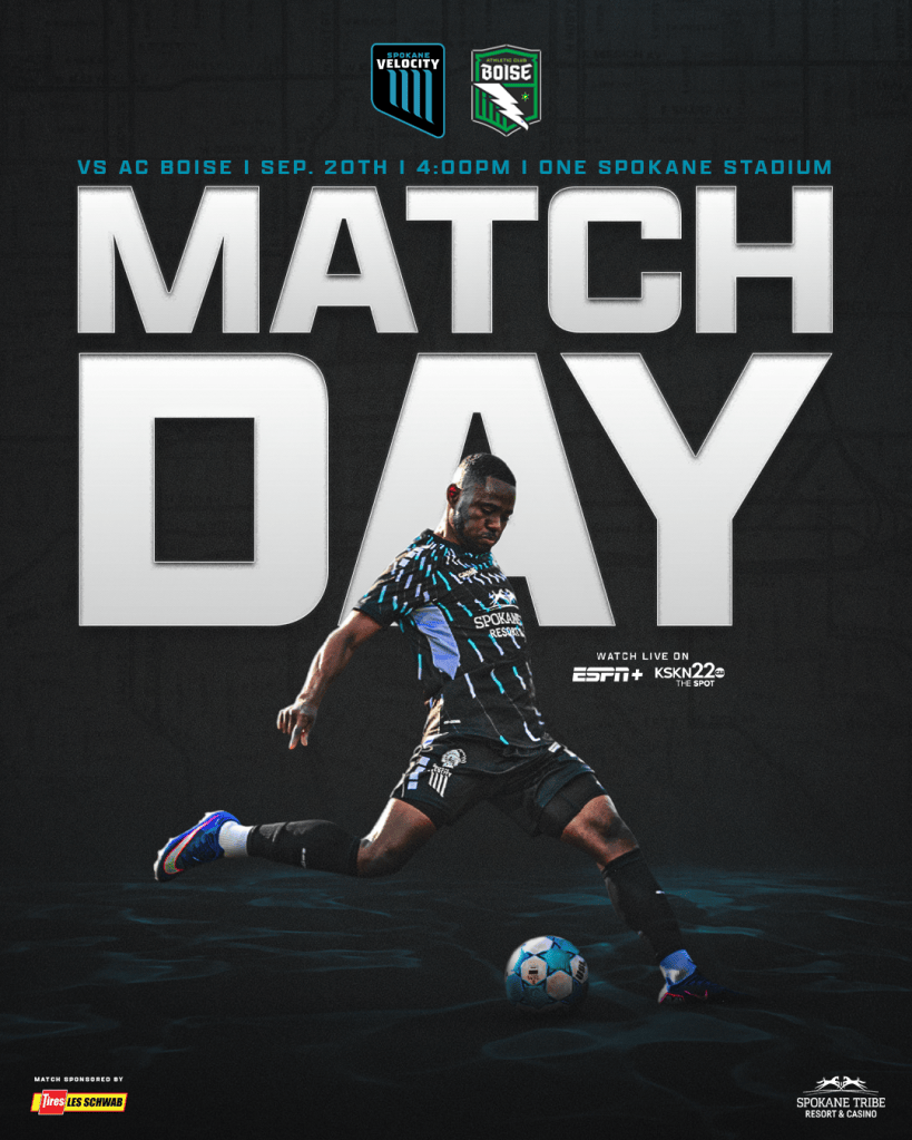 Promotional poster for a soccer match between Spokane Velocity and AC Boise on September 20th at 4:00 PM, featuring a player kicking a soccer ball and the text 'MATCH DAY'.