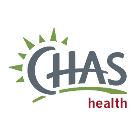 Logo of CHAS Health featuring the word 'CHAS' in gray with 'health' in red, accompanied by a sun graphic.