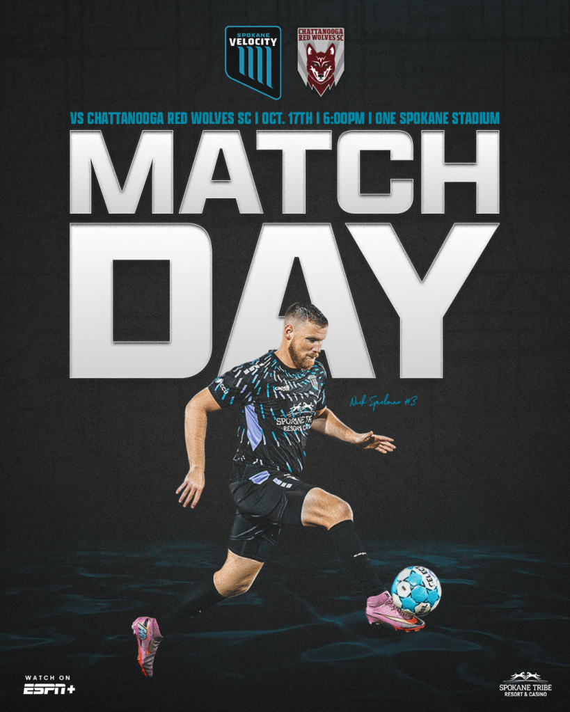 Promotional image for a soccer match featuring Spokane Velocity vs. Chattanooga Red Wolves SC on October 17th at 6:00 PM. The player, Nick Spindler, is shown in action with a soccer ball.
